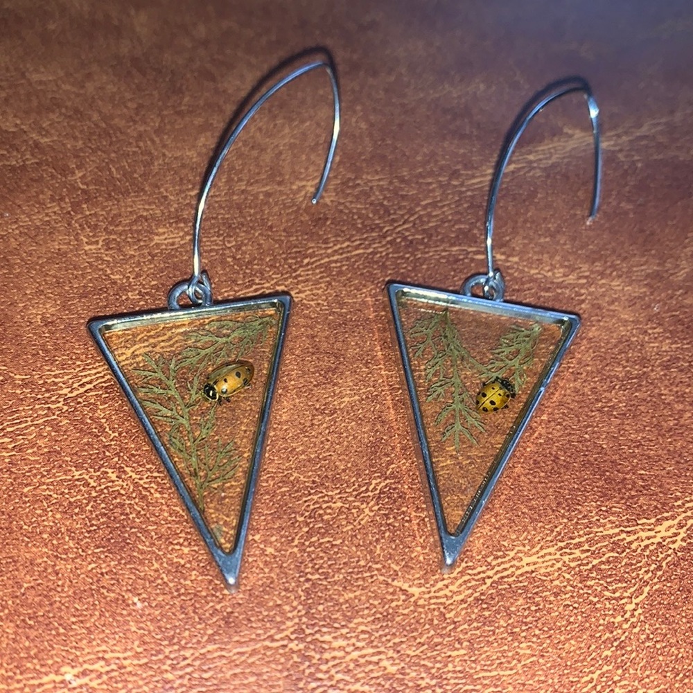 Handcrafted ladybug in resin drop pierced silver earrings nature